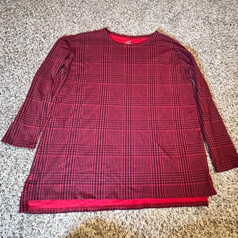 J. Jill Simply Supima Crew‎ Neck Tunic Red Black Glen Plaid Cotton Top Womens M